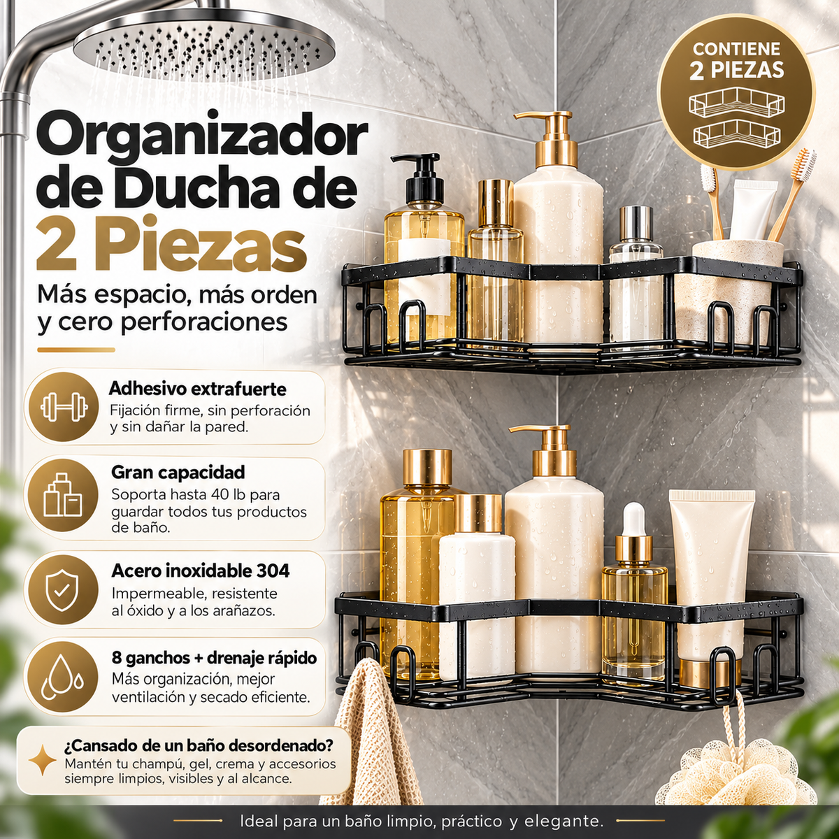 Set de 2 Repisas Esquineras para Ducha Sin Taladro